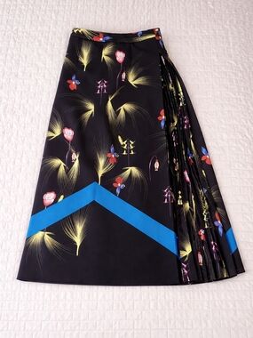 Black Floral A-Line Designer Inspired Midi Skirt with Blue Chevron Detail